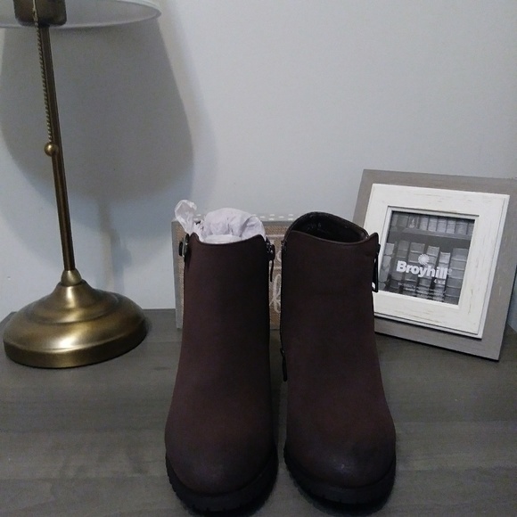 Brown leather and suede block heel booties - Picture 3 of 4
